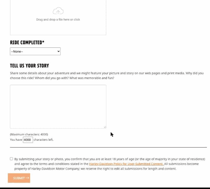 H.O.G.'s Submit a Photo form: the ride picker, the story box, the age and terms checkbox, and the Submit button.